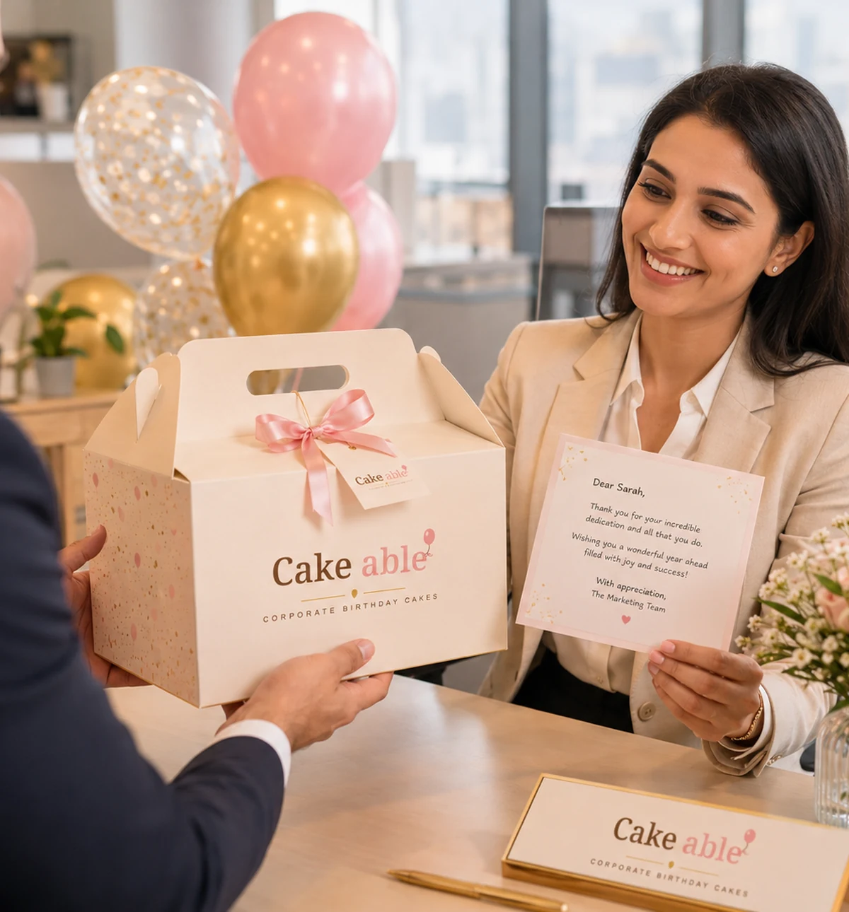 Employee receiving Cake-able box and letter